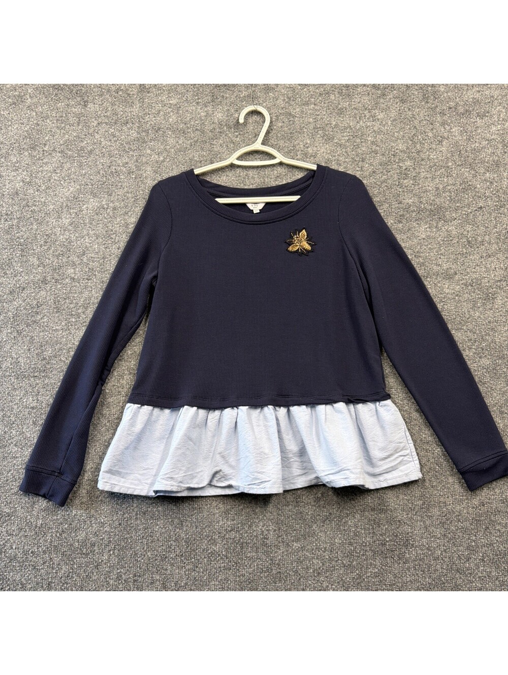 Crown And Ivy Petite Medium Sweater Crewneck with attached Chambray Ruffle